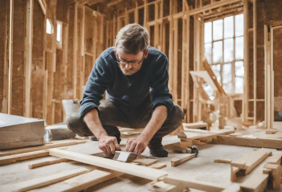 a man concentrating while building a house