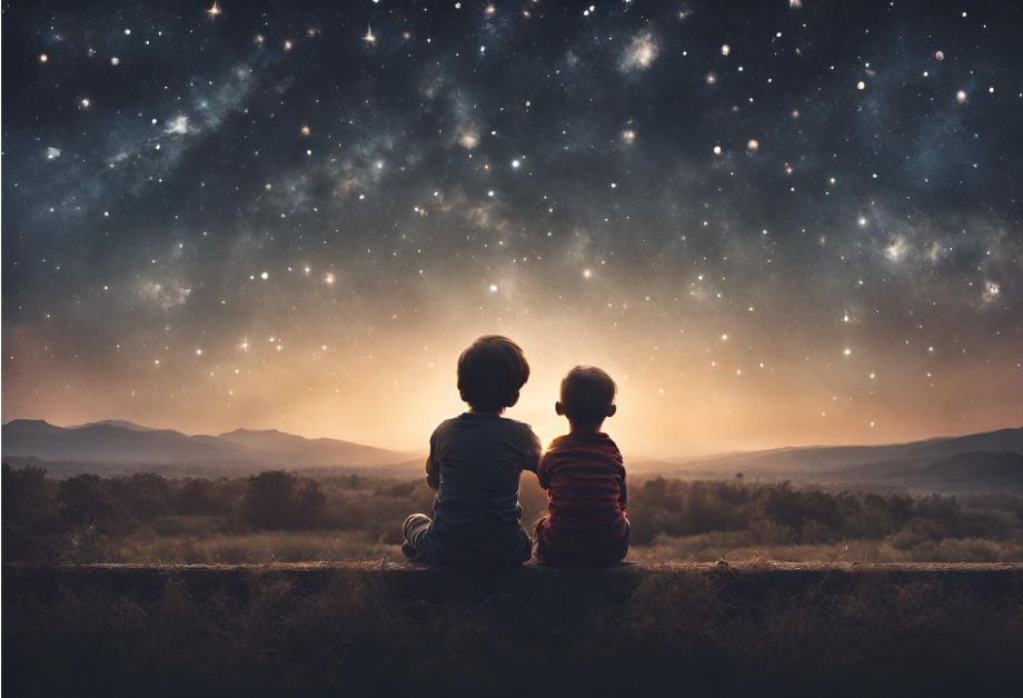 two boys sitting and looking at the stars